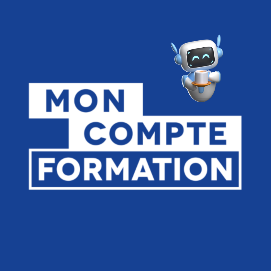 Robot souriant avec une tasse sur fond bleu. Texte "MON COMPTE FORMATION" en blanc, créant une ambiance professionnelle et conviviale.