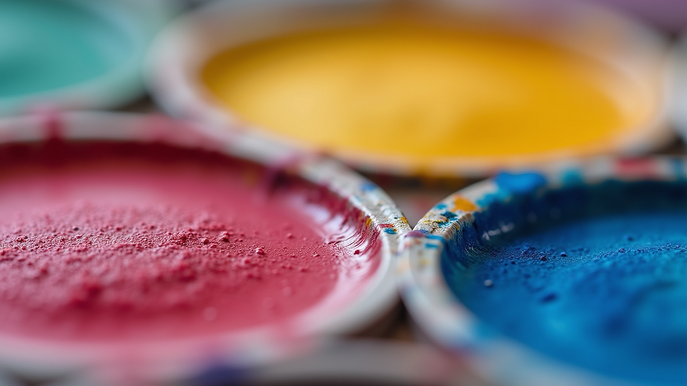 Close-up view of a watercolor palette with vibrant colors
