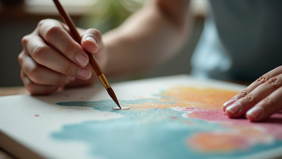 Close-up of a therapist’s hand guiding a client’s brush on canvas