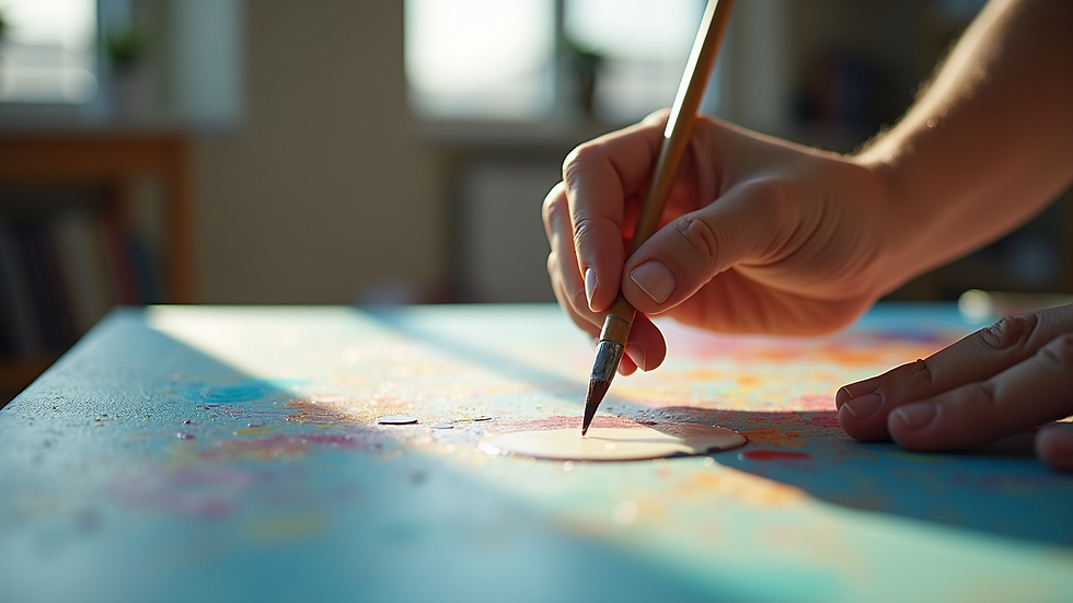 Close-up view of hands painting abstract art on canvas