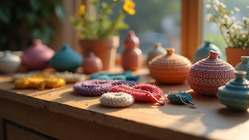 Close-up view of colorful handmade crafts displayed on a wooden table