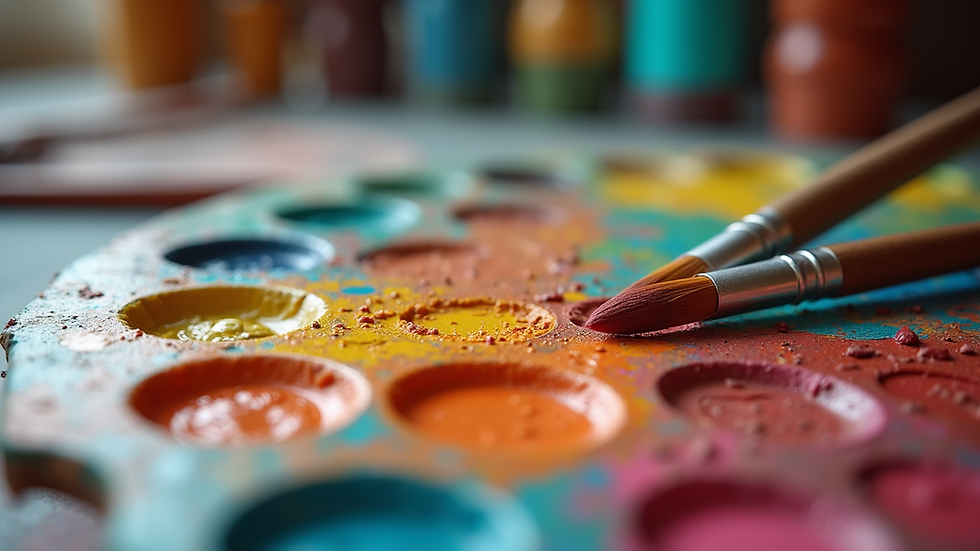 Eye-level view of a colorful art palette with brushes