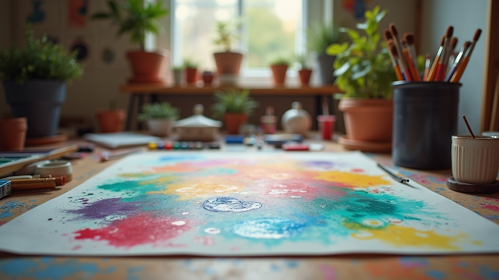 Eye-level view of a cozy art studio with colorful paints and brushes