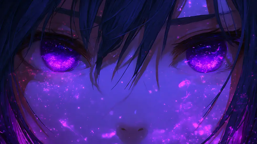 Close-up of anime character with glowing violet cosmic eyes, surrounded by galaxy-like sparkles and purple aura.