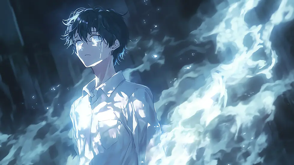 Anime-style image of a sad boy in a white shirt standing in the rain, partially fading into glowing mist as he begins to vanish.