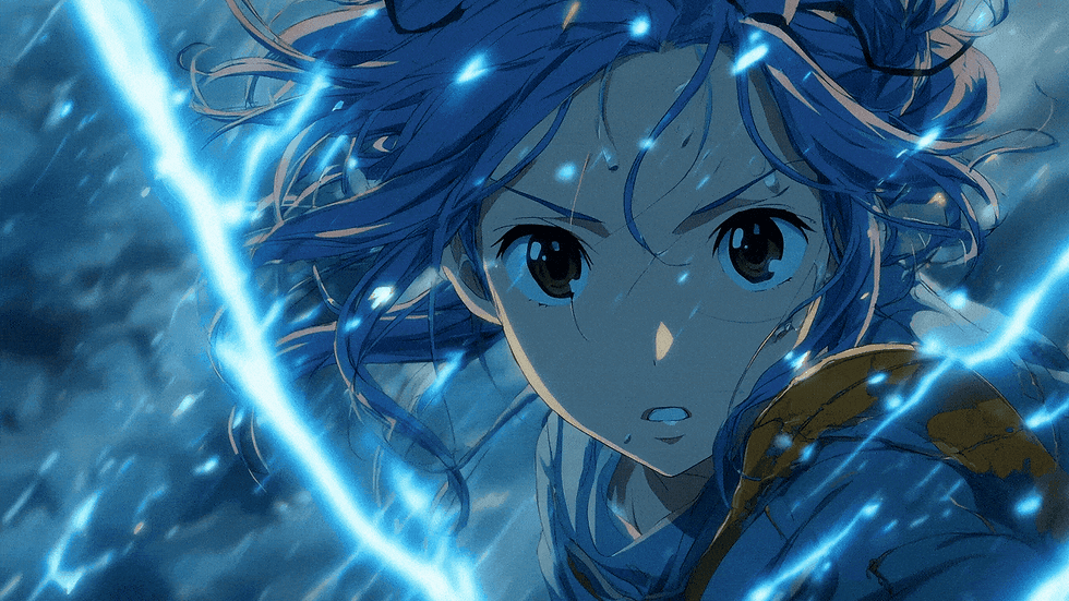 Anime girl surrounded by glowing blue lightning energy, hair flowing in the storm, looking determined and ready to fight, dramatic action scene.