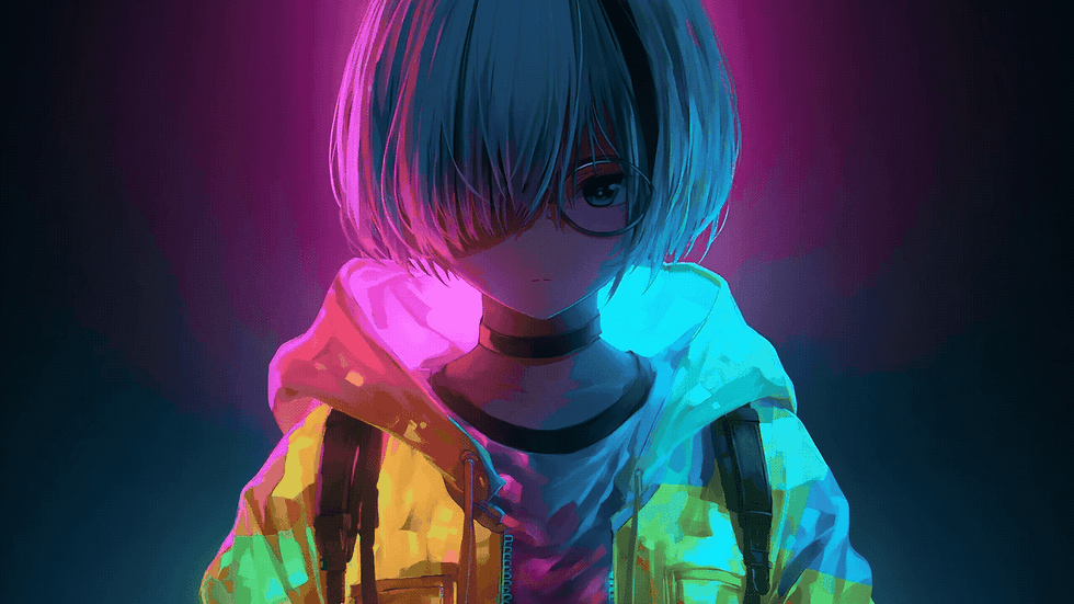 Cyberpunk anime character with short blue hair wearing a glowing transparent hoodie under neon cyan and pink lighting in a dark futuristic setting.