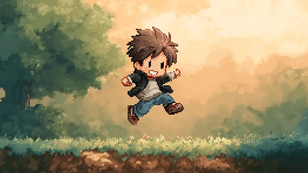 Pixel-art chibi character jumping happily in a sunlit forest environment, resembling a retro video game scene.