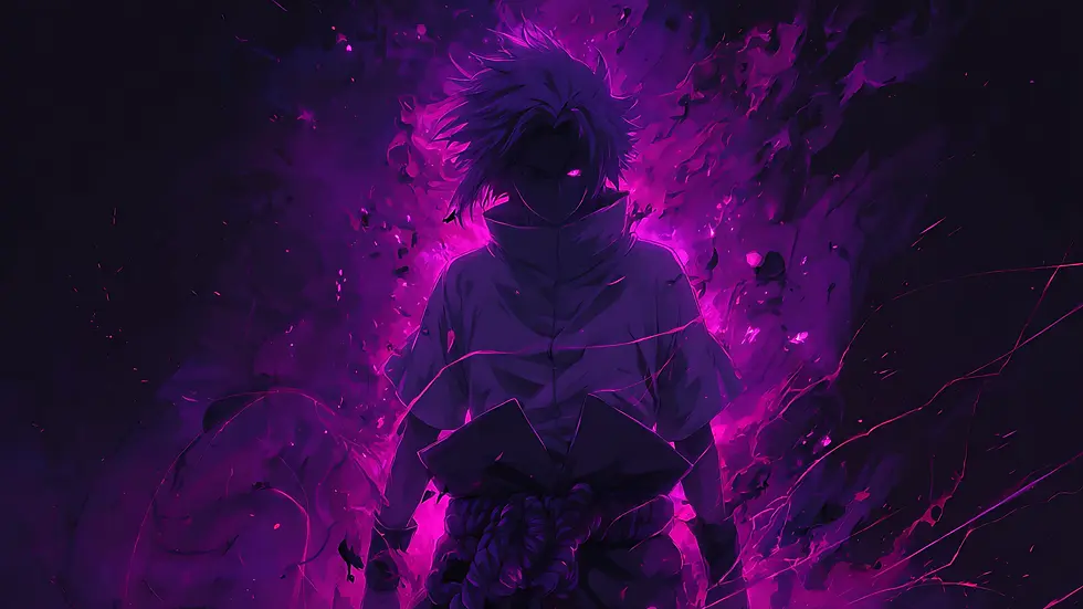 Anime character surrounded by glowing violet flames, with one glowing eye and intense aura, standing in a powerful stance in dark background.