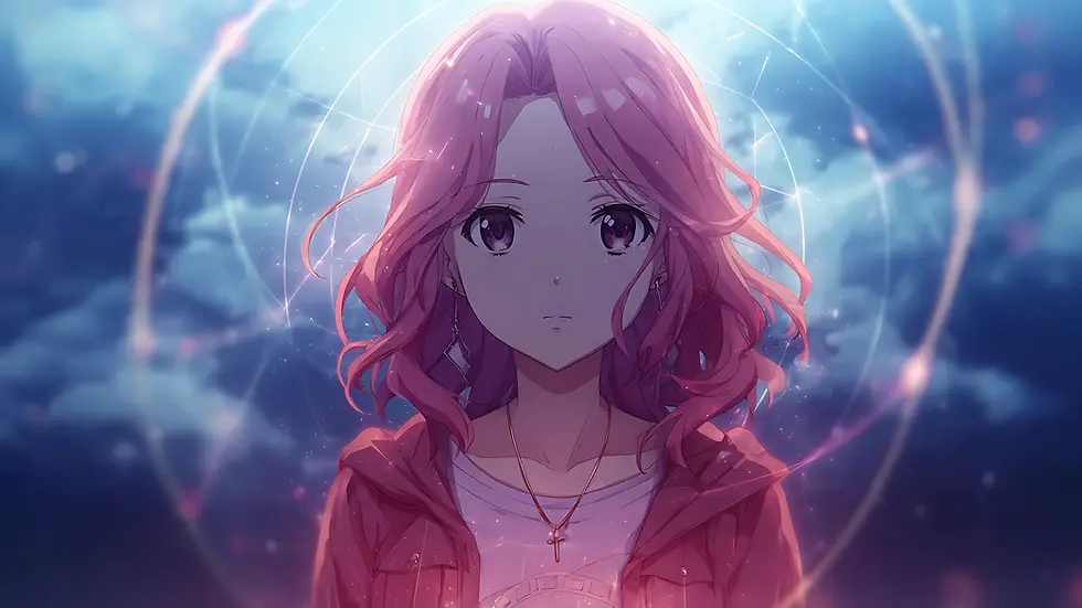 Anime girl with pink hair and a cross necklace standing under a glowing sky surrounded by soft magical light rings.