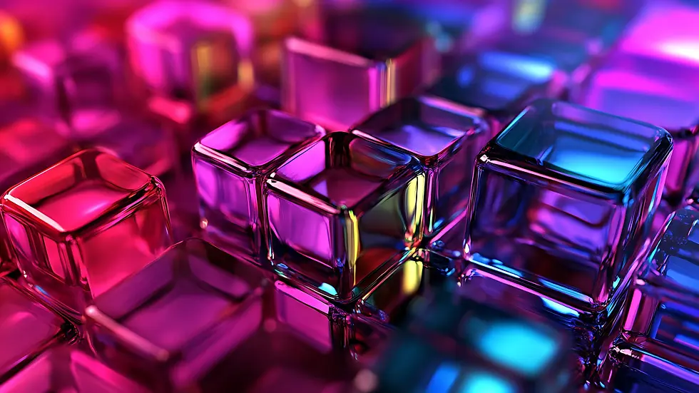 3D abstract image of transparent glowing cubes in neon shades of pink, purple, and blue, reflecting light in a futuristic geometric pattern.