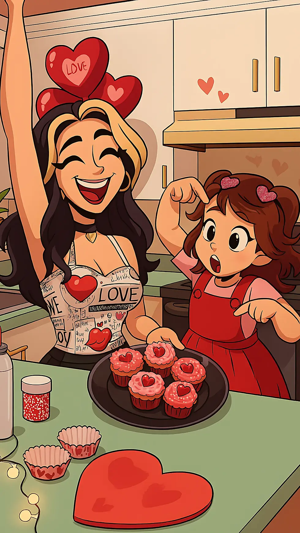 A cartoon-style illustration of a smiling mother and daughter in a kitchen, celebrating after baking heart-decorated cupcakes together. The mother wears a love-themed outfit and headband with heart balloons, while the daughter, dressed in red, points at the cupcakes with excitement.