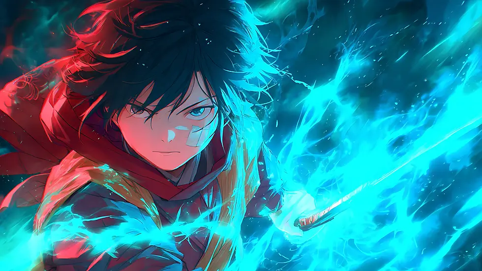 Anime warrior with a red scarf wielding a glowing blue flaming sword in an action pose, surrounded by intense energy.