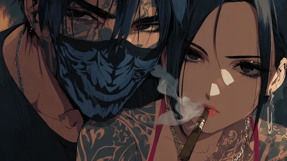 Anime-style close-up of a tattooed man in a skull mask beside a confident woman smoking a cigar, both exuding a dark, rebellious vibe.