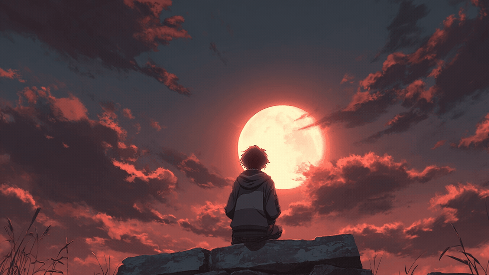 Silhouetted anime character sitting on a rock beneath a giant red full moon with dramatic clouds in a dark fantasy night sky.