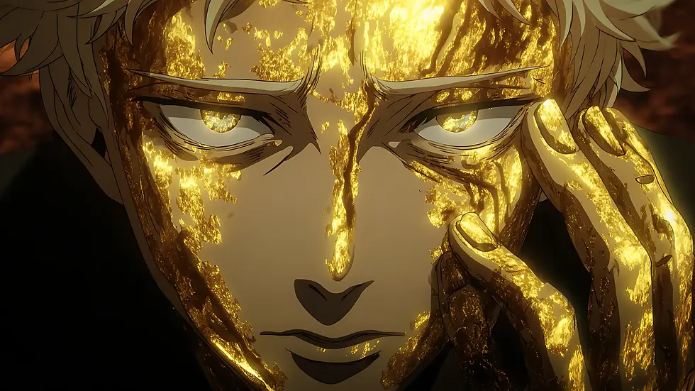 Anime-style portrait of a man with glowing golden markings on his face and hand, symbolizing power, transformation, and divine awakening.