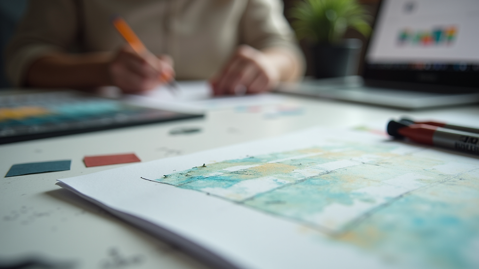 Close-up view of a graphic designer’s workspace with sketches and color swatches