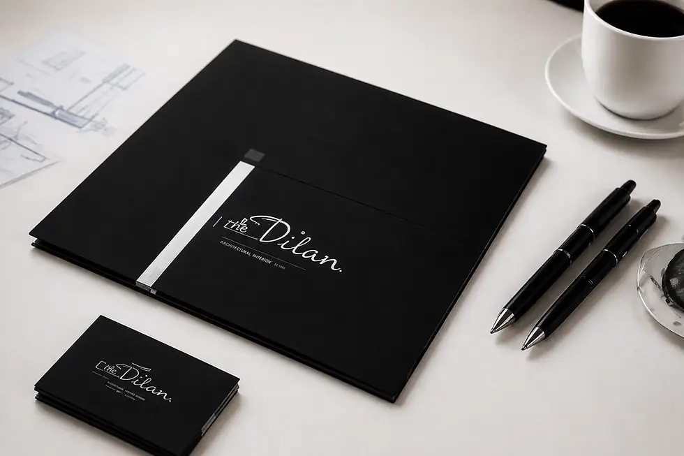 Branding materials with folder, business cards, and pens for branding and design services