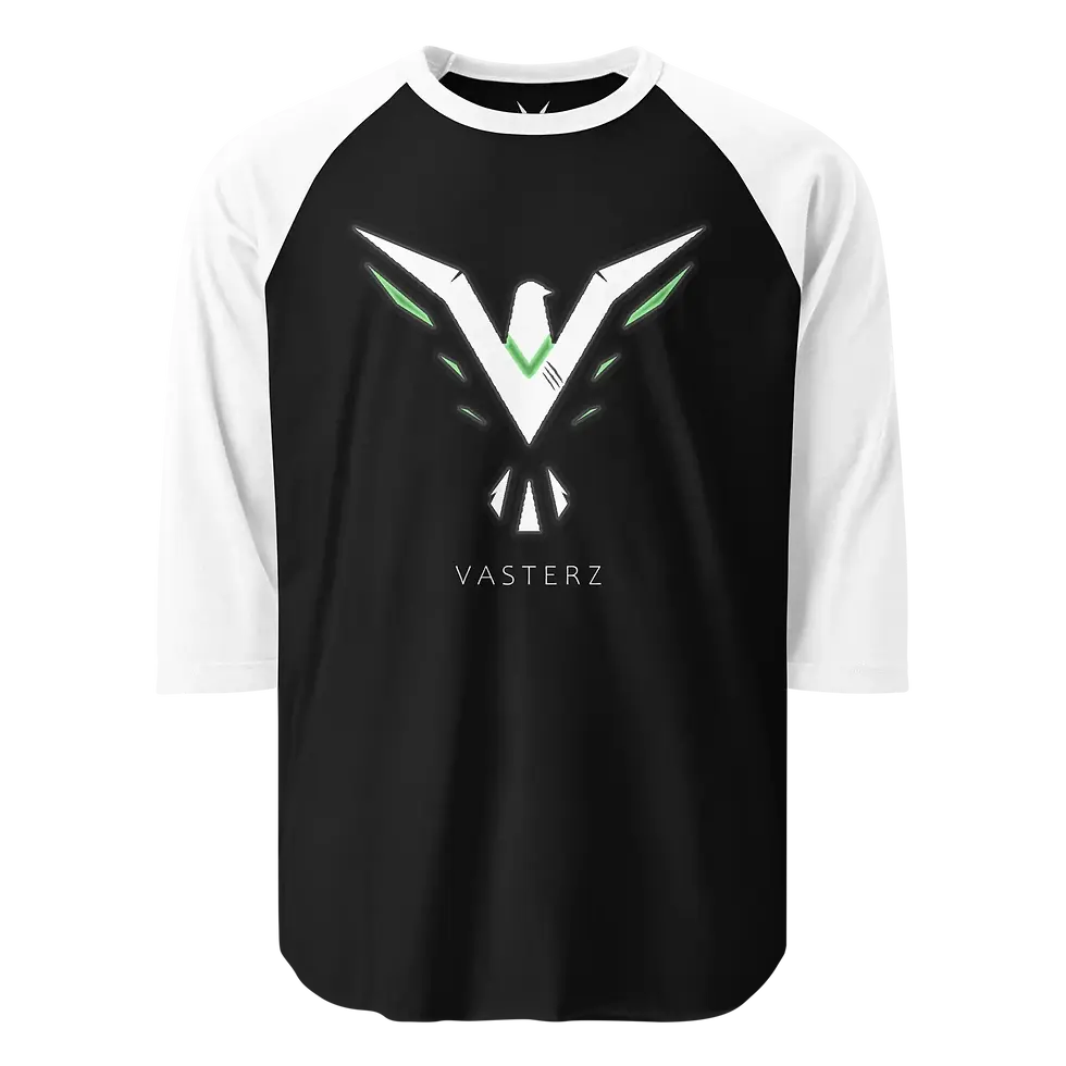 Black and white raglan shirt featuring a Vasterz eagle-inspired logo design with green accent details on the front.