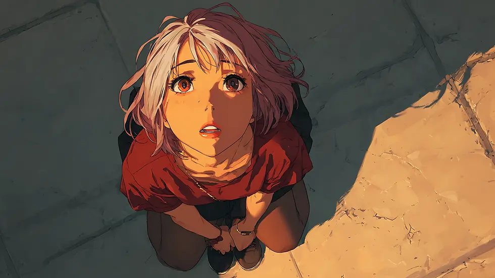 Anime girl with short pinkish hair kneeling on the ground in a red shirt, looking upward with an emotional expression, illuminated by sunlight.