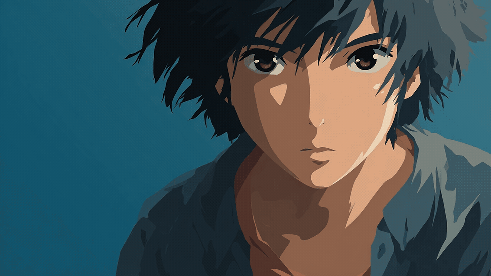 Anime portrait of a young person with messy dark hair and intense brown eyes staring forward with a serious expression against a blue background.