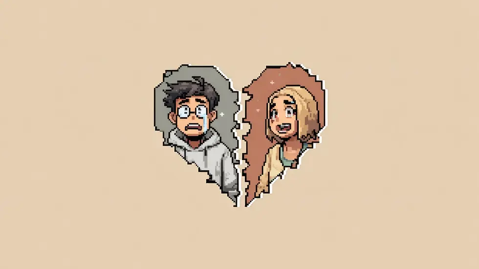 Pixel art of a broken heart split into two halves. The left half shows a crying boy with glasses and a hoodie, while the right half shows a smiling girl with sparkles around her.