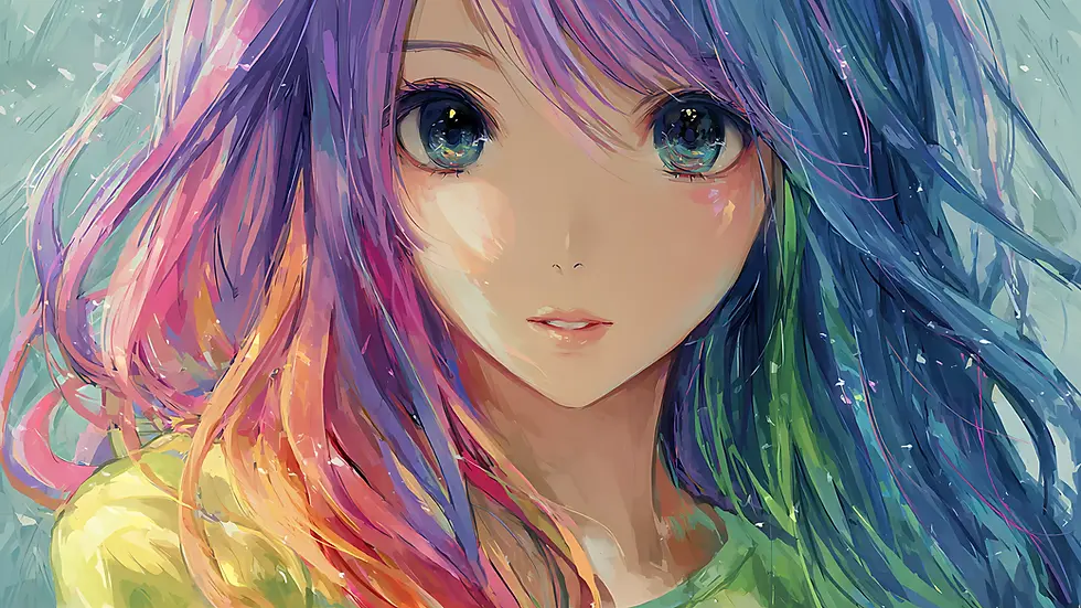 Close-up of an anime girl with flowing rainbow-colored hair and shimmering galaxy eyes in a painterly style.
