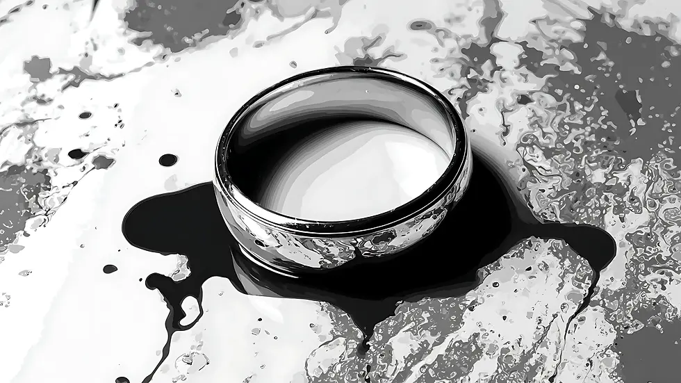 Black and white illustration of a wedding ring resting in dark ink, symbolizing broken vows and emotional contrast.