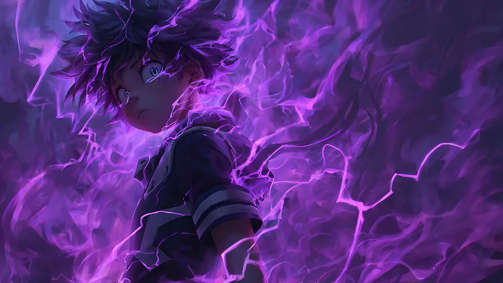 Anime boy with wide eyes engulfed in glowing purple lightning and energy, set against a dark swirling background.
