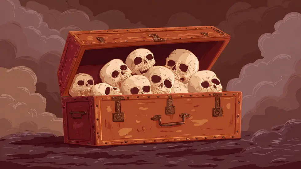 Cartoon-style illustration of a wooden treasure chest filled with human skulls, set in a smoky, dark red environment.