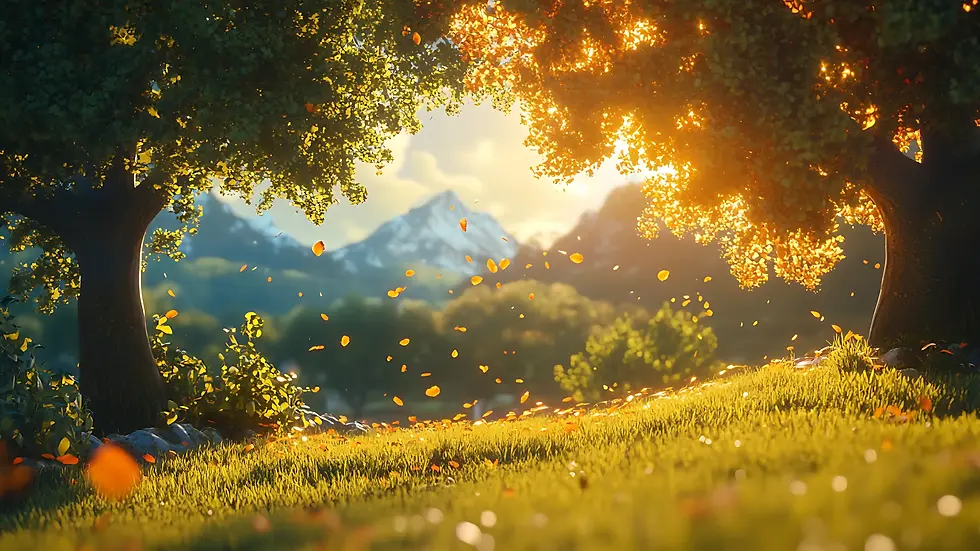 3D nature scene showing a glowing sunset between two trees with falling autumn leaves, green grass, and distant mountains under golden light.