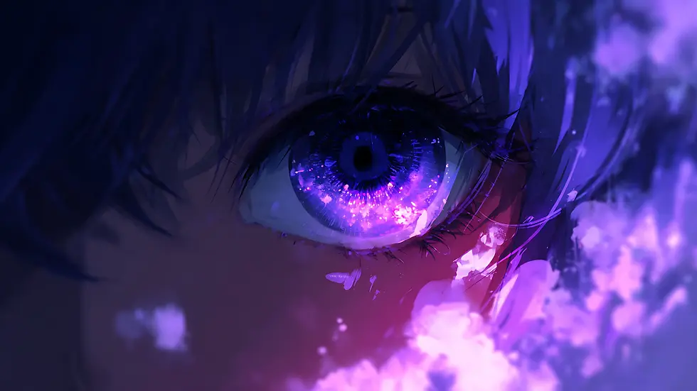 Close-up of an anime character’s glowing violet eye, filled with swirling galaxy-like energy and surrounded by soft magical light.