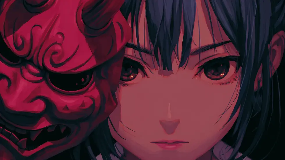 Anime girl with dark hair staring forward, half of her face concealed by a detailed red oni mask, in a dramatic and moody lighting.