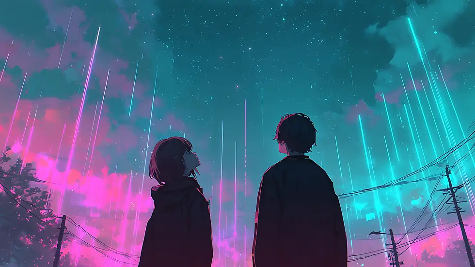 Anime-style illustration of a boy and girl gazing up at a neon-lit night sky with glowing vertical light beams, stars, and vibrant clouds in blue and pink tones.