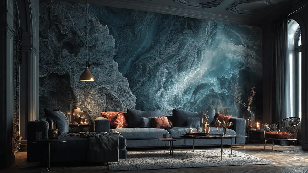 Stylish living room with dark blue velvet furniture and a large abstract ocean-textured mural on the wall, featuring moody lighting and elegant decor elements.