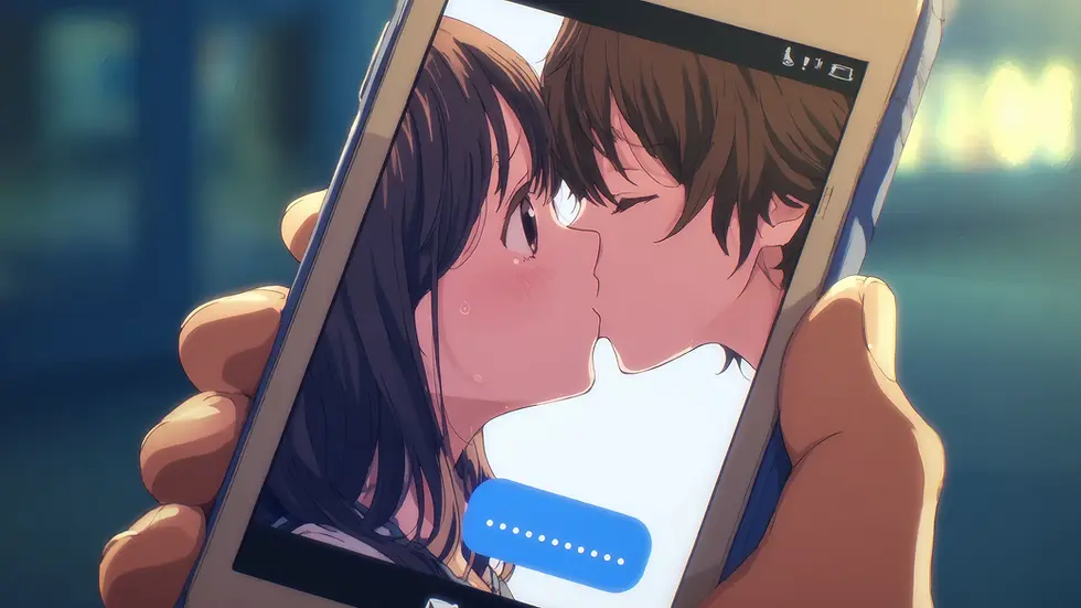 Anime-style illustration of a hand holding a smartphone showing two characters kissing with visible blush and unread text messages on the screen.