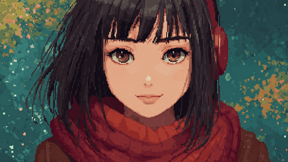 Pixel art of a girl with short dark hair wearing a red scarf, smiling gently as wind blows through her hair with autumn colors in the background.