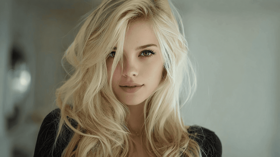 Portrait of a blonde woman with long wavy hair, soft natural lighting, calm expression, and a warm minimal background.