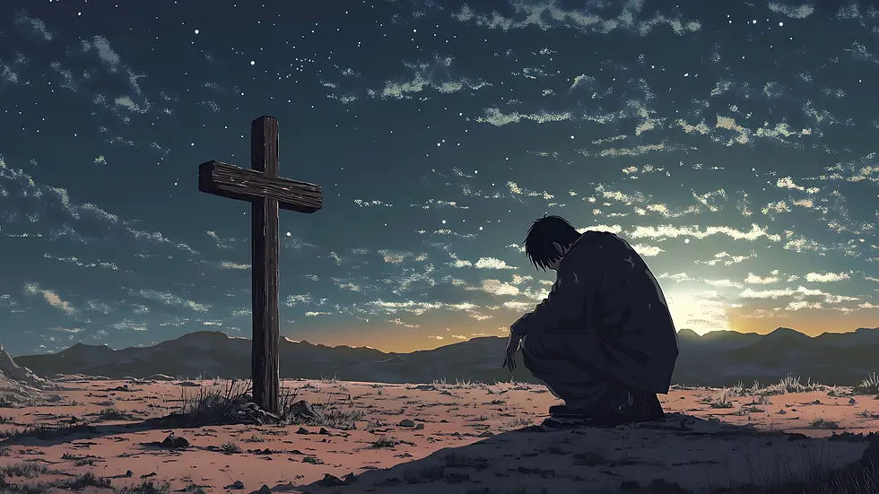 Anime-style artwork of a man kneeling before a wooden cross in the desert at sunrise under a starry sky.