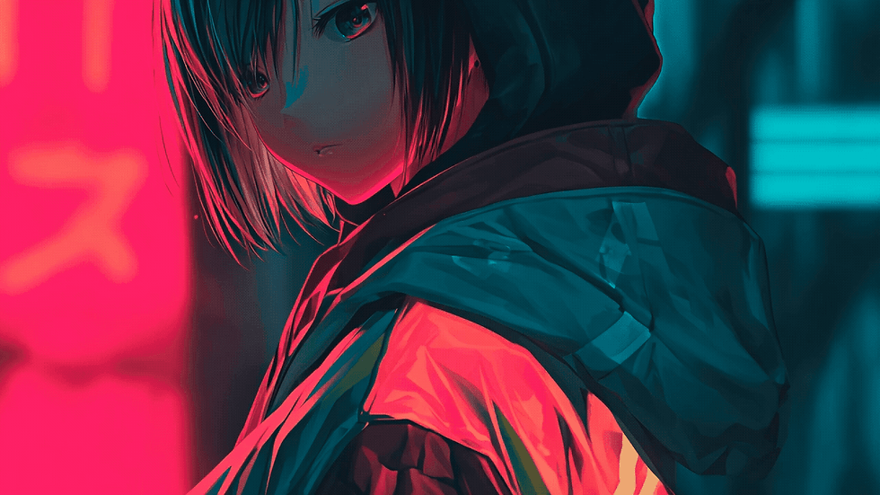 Cyberpunk anime character in profile wearing a glowing jacket under pink and teal neon lights in a dark futuristic city.
