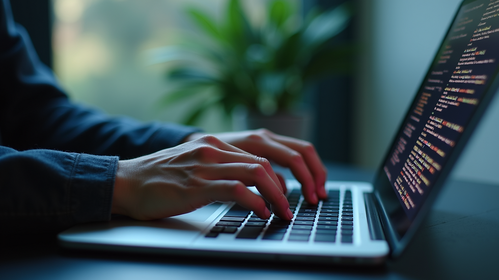 Close-up view of a person typing on a laptop with security code on screen