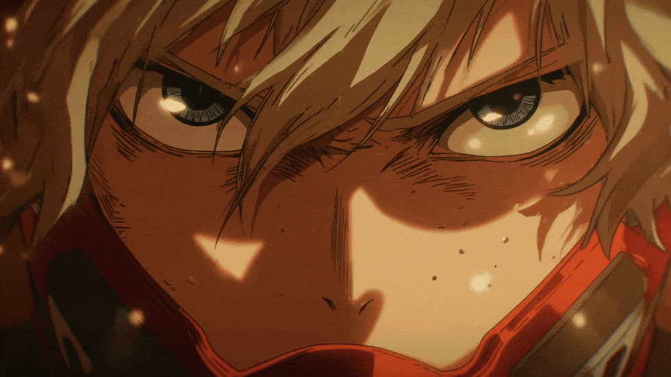 Close-up anime character with blood on their face and intense determined eyes surrounded by glowing embers in a dramatic battle scene.