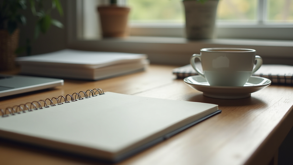 Eye-level view of a tidy workspace with a notebook and a cup of tea