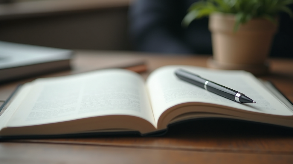 Close-up view of an open book with a pen and notebook ready for notes