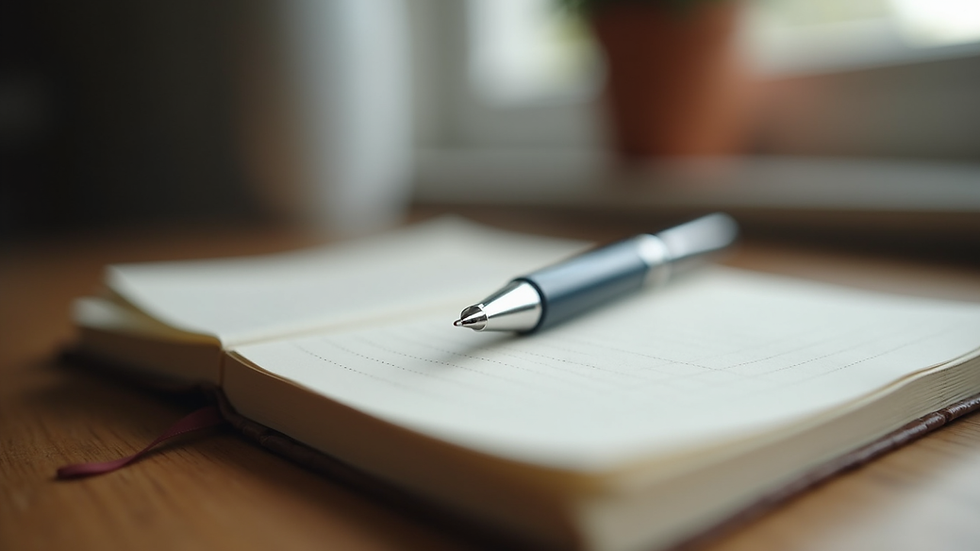 Eye-level view of a journal and pen on a wooden desk