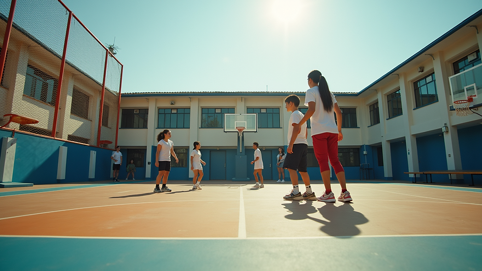 Eye-level view of a school basketball court with students practicing