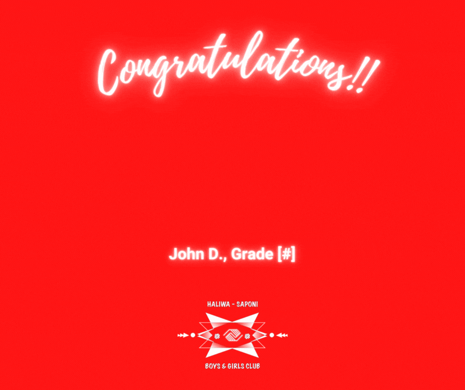 A GIF with a red background that says 'Congratulations' at the top, with a circular picture placeholder in he center. Jh D, Grade [#] is under the placeholder followed by the logo under that (all centered). A tropy pops up on the left bottom side of the GIF while a big yellow starts spins toward the viewer and becomes bigger. A smaller version of this appears on the top left of the GIF. Blue and red stars fall from the top of the GIF to add extra enthusiasm.