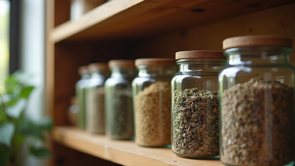 Close-up view of dried herbs in glass jars on wooden shelf