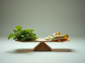 Scale balancing herbs and synthetic capsules to illustrate differences between natural and synthetic progesterone approaches