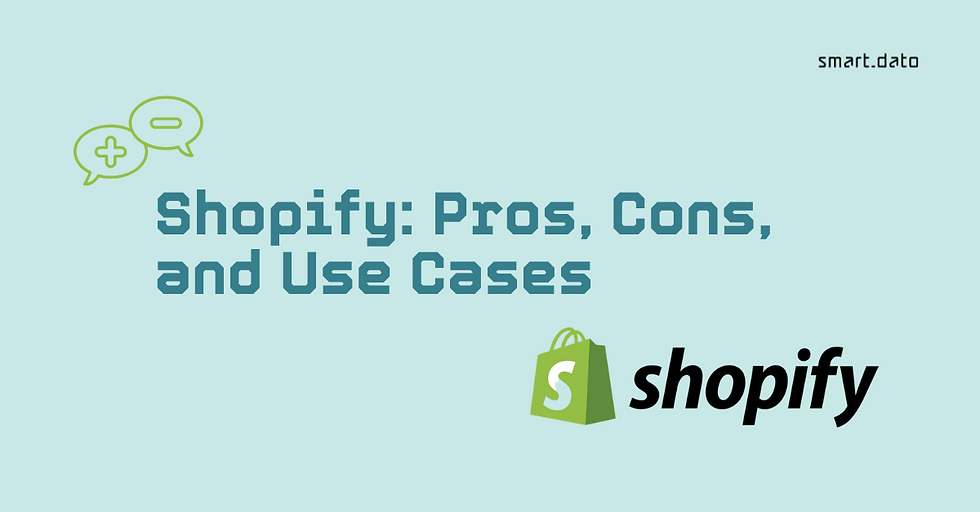 Shopify pros, cons, and use cases with Shopify logo on a light blue background